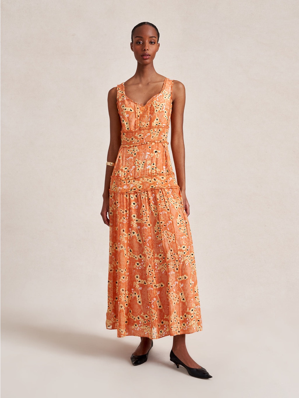 Sleeveless Orange Floral Maxi Dress